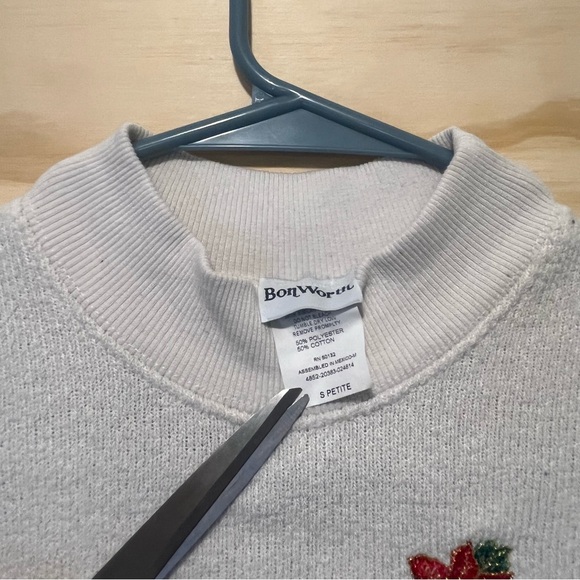 Bon Worth Womens Sweater Sz PM Ivory Floral Embroidery Crew Neck Long Sleeve - Picture 5 of 8